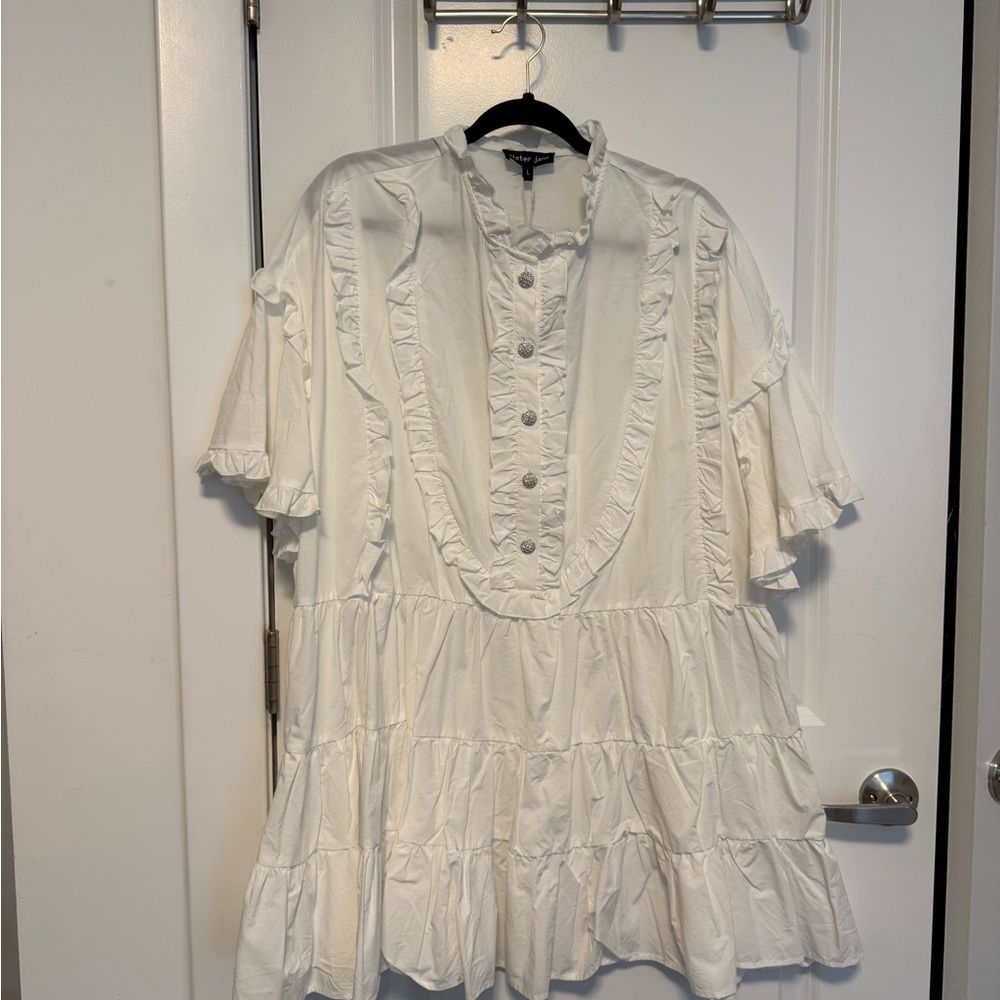 Sister Jane White Ruffled Button-Down Dress